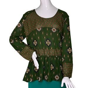 Jodifl Blouse Long Sleeve Pleplum Pullover Crew Neck Green Color Block Size L